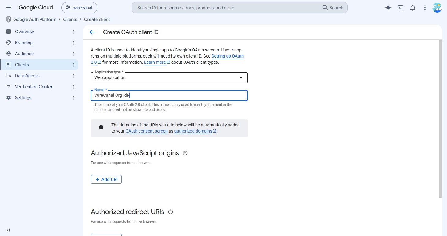 Creating an OAuth client ID in Google Cloud
