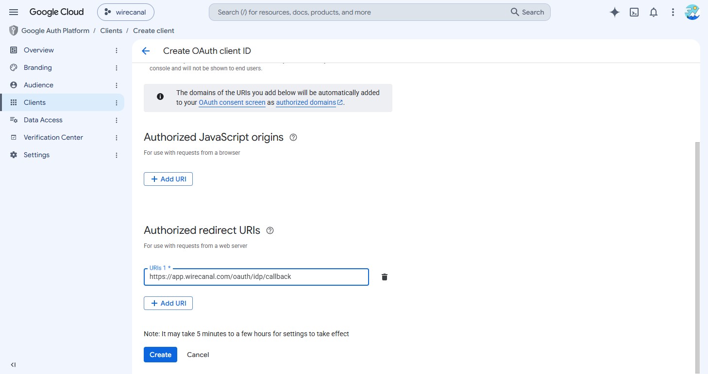 Adding WireCanal's callback to the authorized redirect URIs