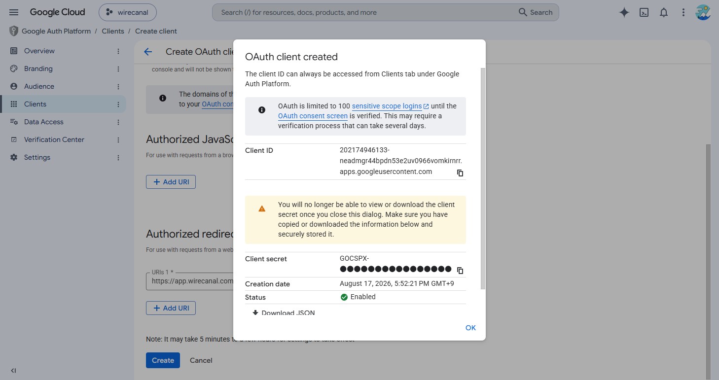 The client ID and secret display