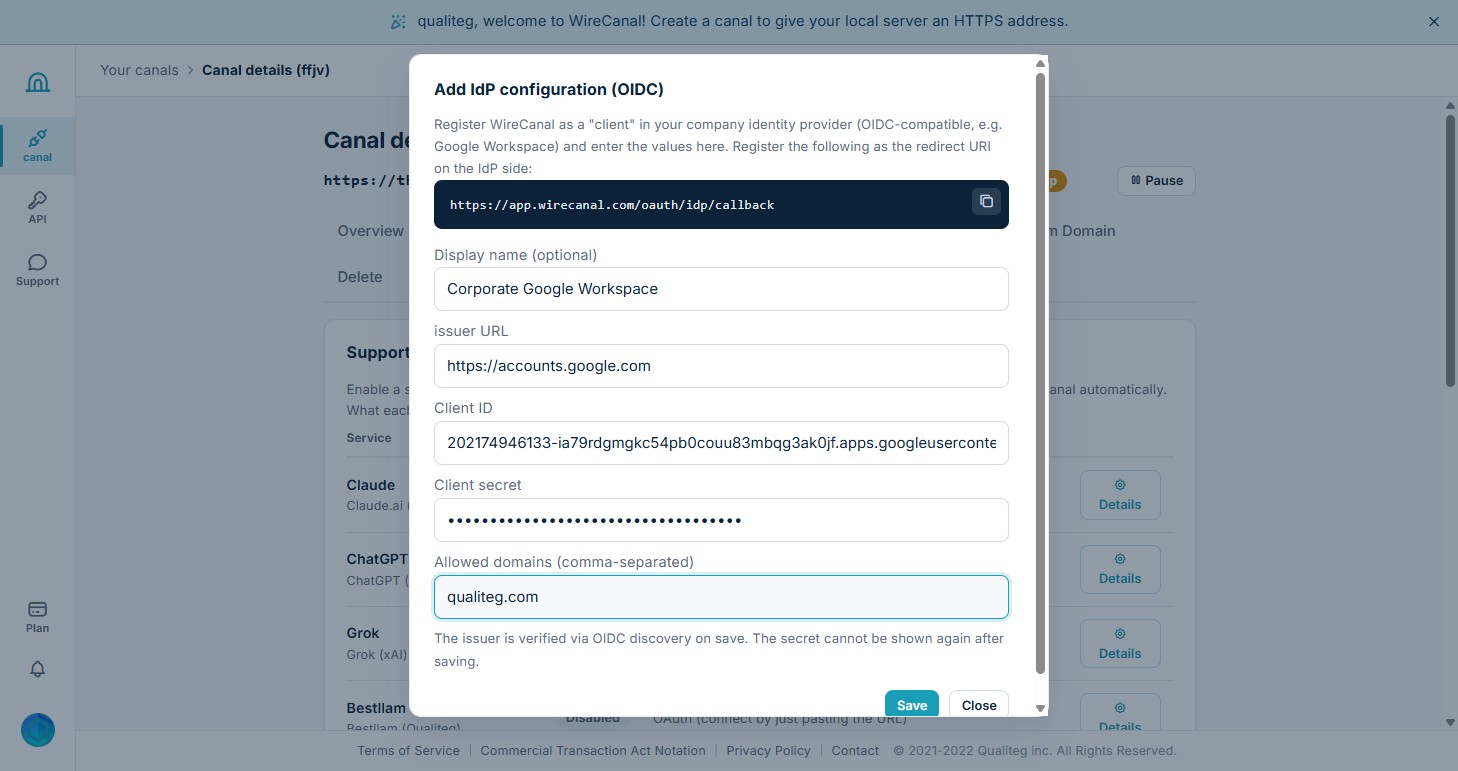 WireCanal's Add IdP configuration screen