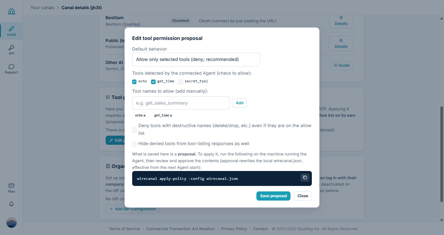 The tool permissions editor: checkboxes for detected tools and guidance for the approval command