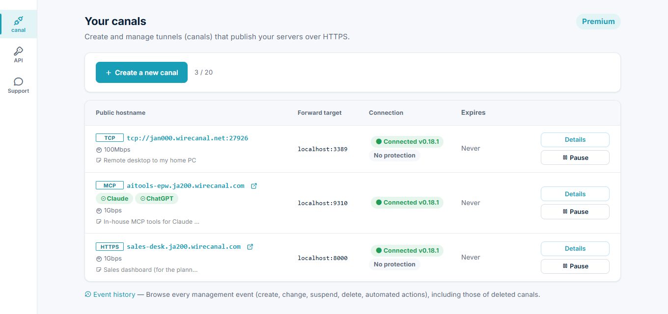The WireCanal dashboard: a list of HTTPS, MCP, and TCP canals showing connection status, linked AI services (Claude, ChatGPT), and pause buttons