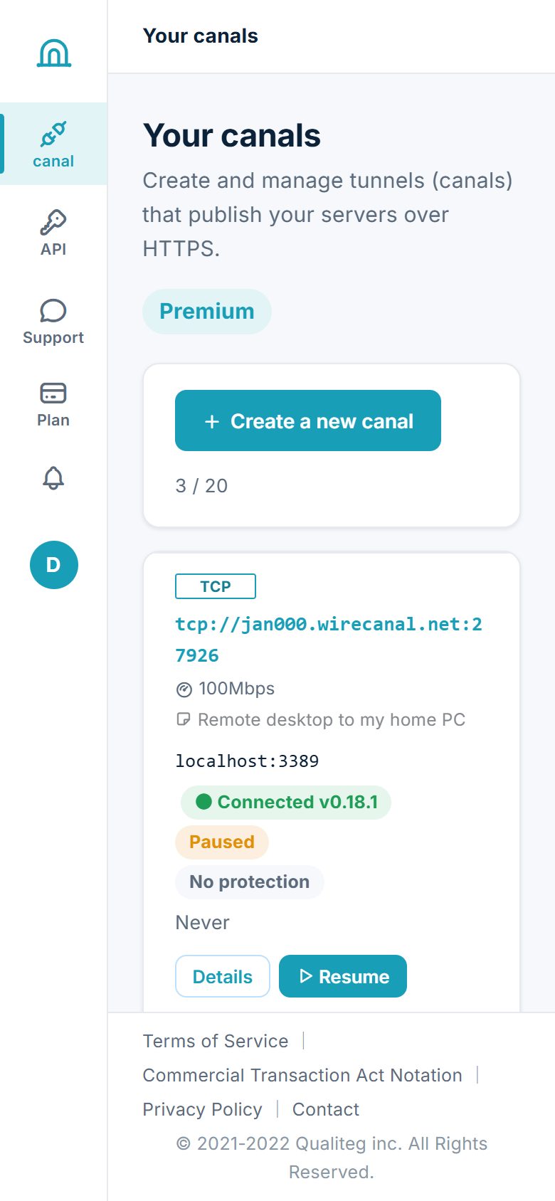 Dashboard on a phone: a TCP canal for RDP is paused. Just tap the Resume button