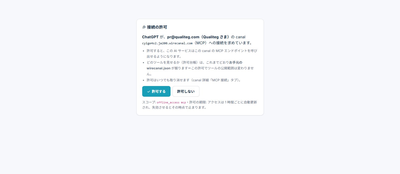 WireCanal の接続の許可画面